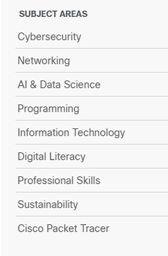 Àrees temàtiques Cisco: Cybersecurity, Networking, AI & Data Science, Programming, Information Technology, Digital Literacy, Professional Skills, Sustainability, Cisco Packet Tracer