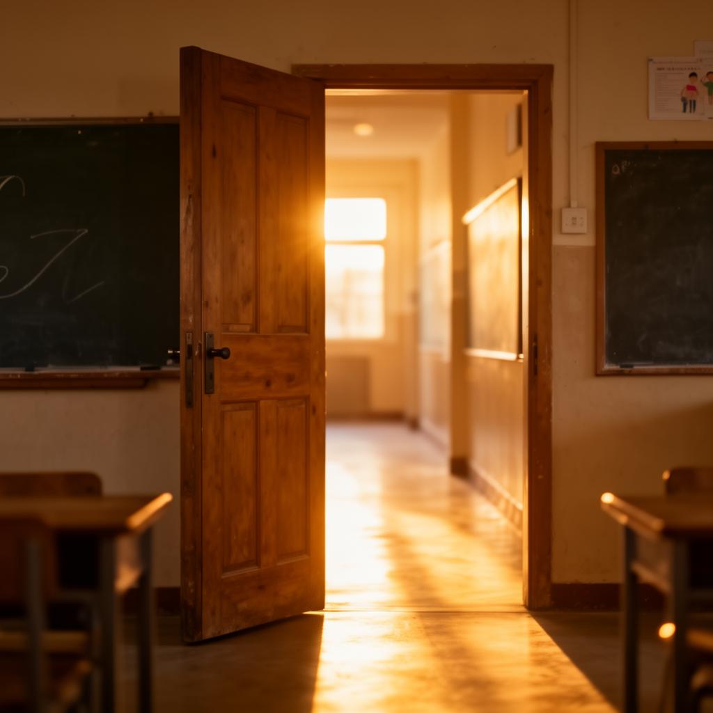 Una porta oberta amb llum càlida: un fins ara, no un adéu
